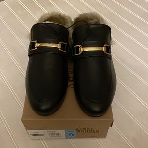 Steve Madden Black Faux Fur Slip On Mules with Gold Details--New in box